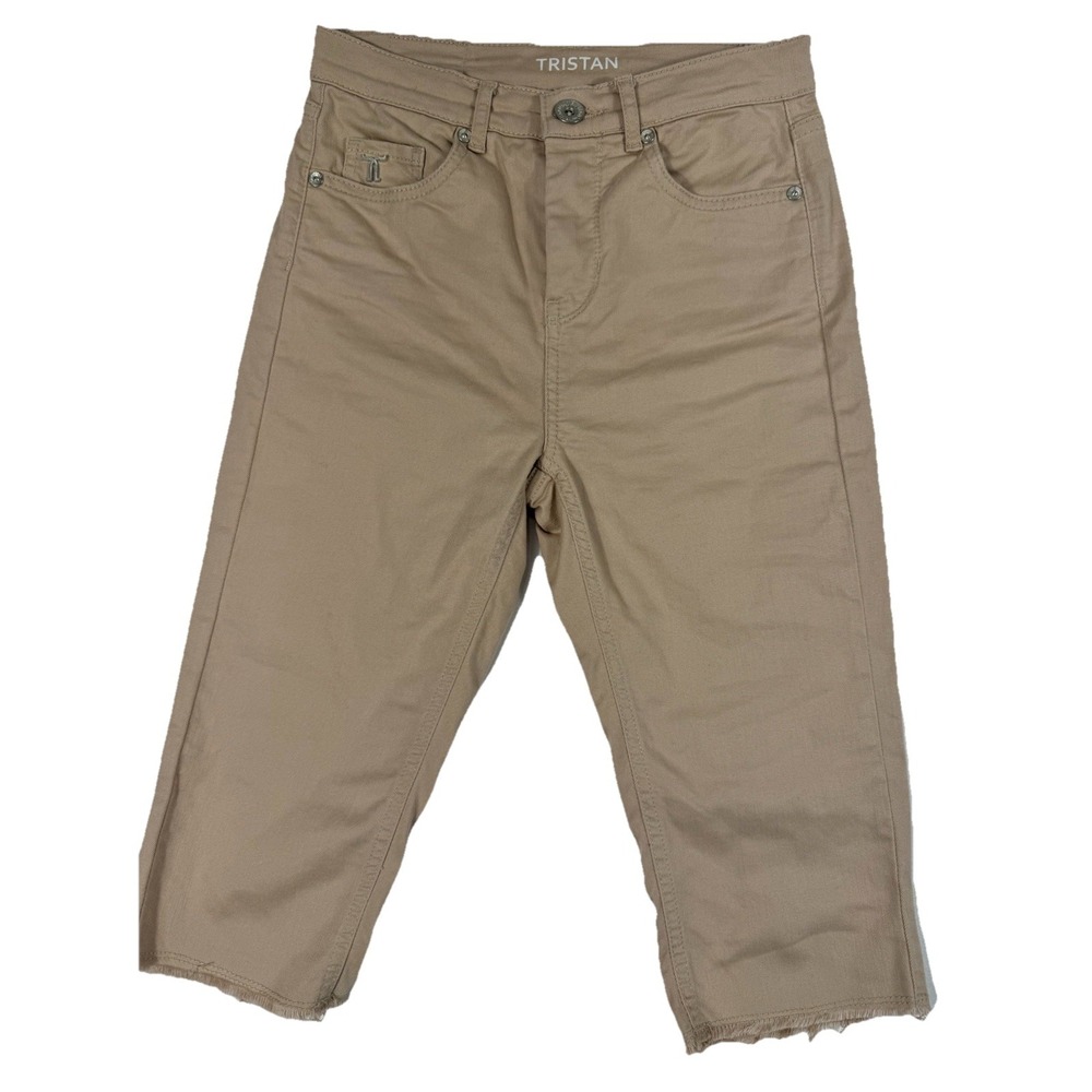 TRISTAN Beige Slim Fit High Waist Bermuda Shorts Stretch Cotton Frayed Hem SZ 1
